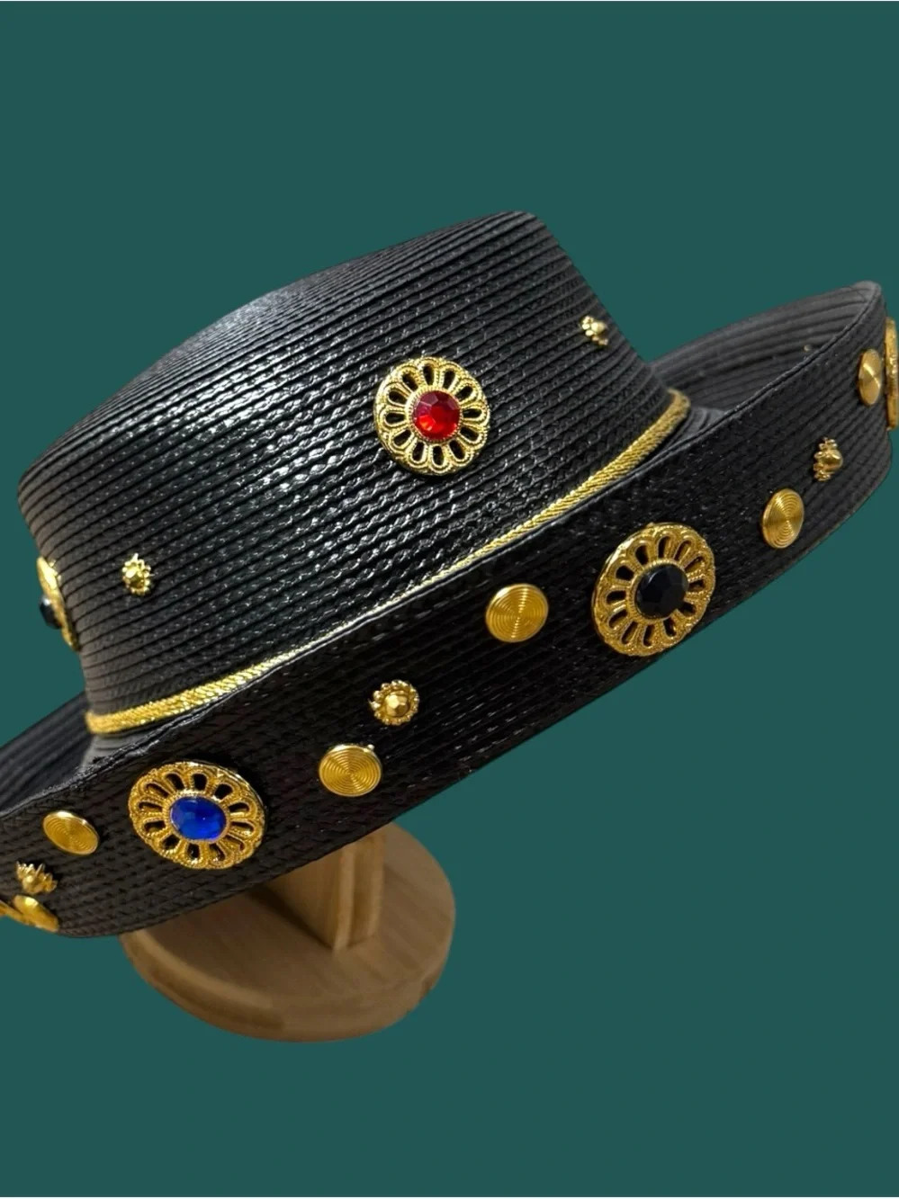 Vintage black Embellished Straw Wide-Brim Hat with Gold Accents